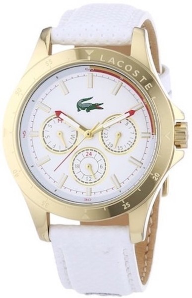 LACOSTE Mod. MACKAY MULTIFUNCTION S/S GOLD PLATED CASE, LEATHER STRAP 38mm wr 3atm